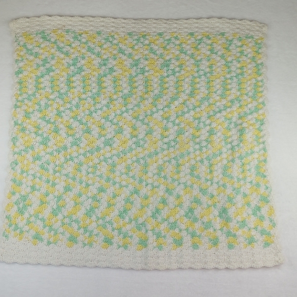Handmade Crochet Baby Blanket Afghan White Green Yellow 36 x 34. - Picture 2 of 7